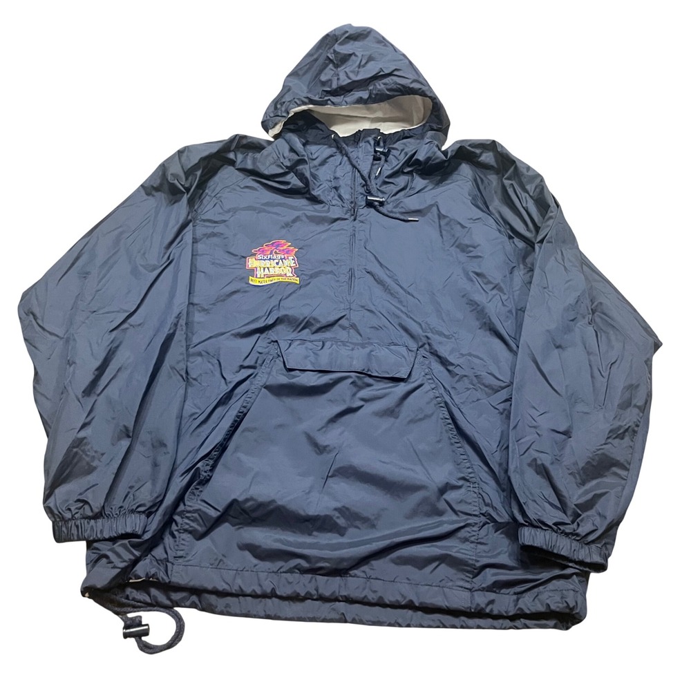 Vintage Six Flags Hurricane Harbor Anorak Windbreaker Navy Blue Mens Medium